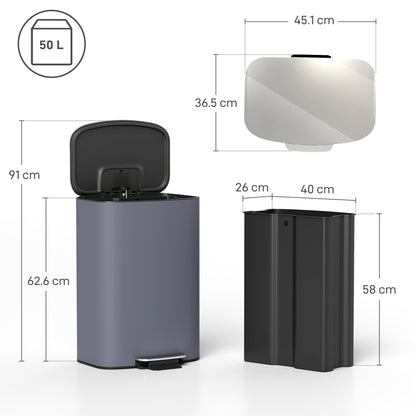 50L Kitchen Bin with Soft-Close Lid and Stay-Open Function, Stainless Steel Pedal Bin with Removable Inner Bucket