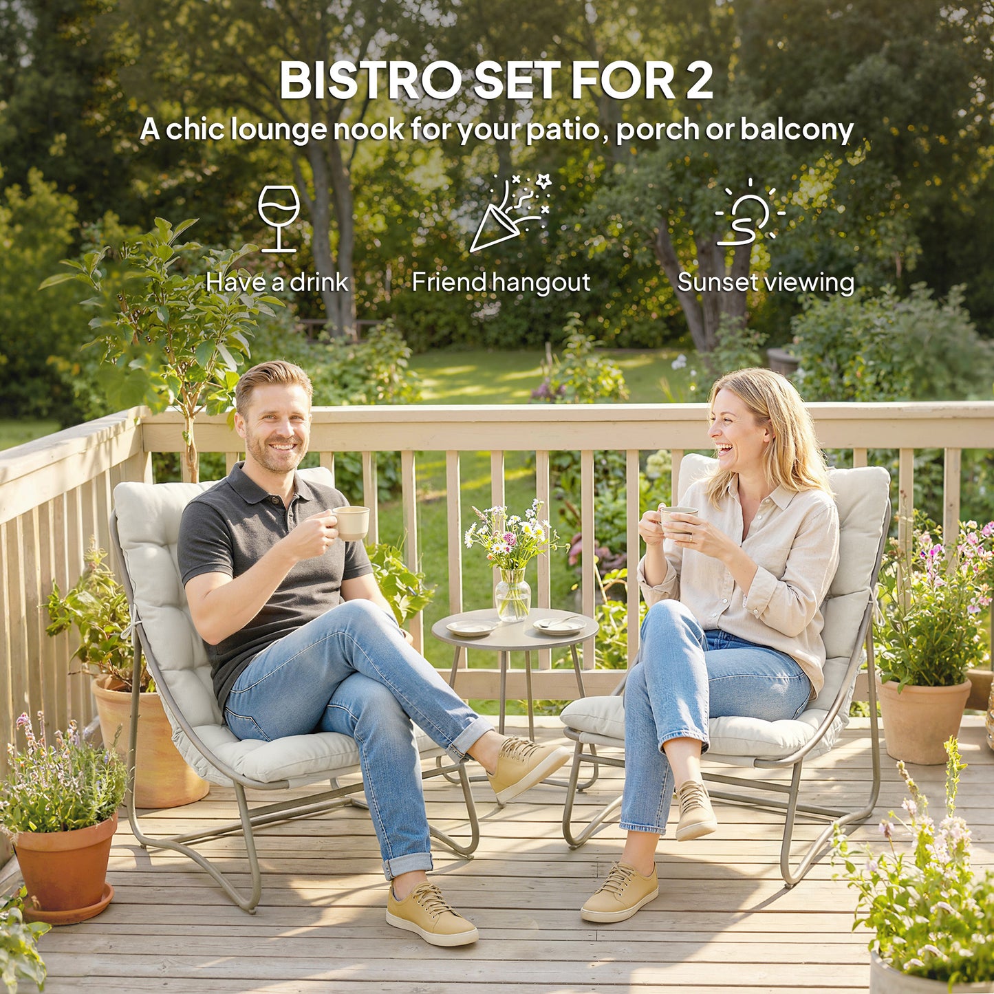 3 Piece Garden Bistro Set, Round Outdoor Bistro Table and Chairs Set for 2 with Texteline Seat and Cushions, Light Grey