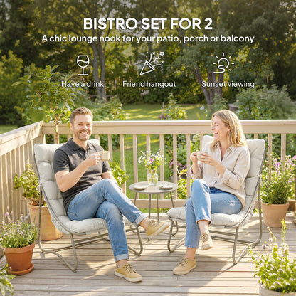 3 Piece Garden Bistro Set, Round Outdoor Bistro Table and Chairs Set for 2 with Texteline Seat and Cushions, Light Grey