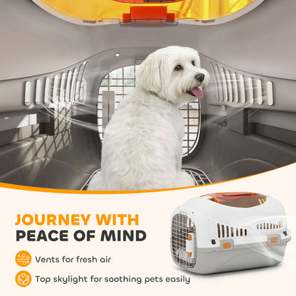 Plastic Pet Carrier Hard Shell Dog Cat Carrier Max 4 KG Steel Door Feed Bowl Secure Lock 49 x 32 x 31 cm