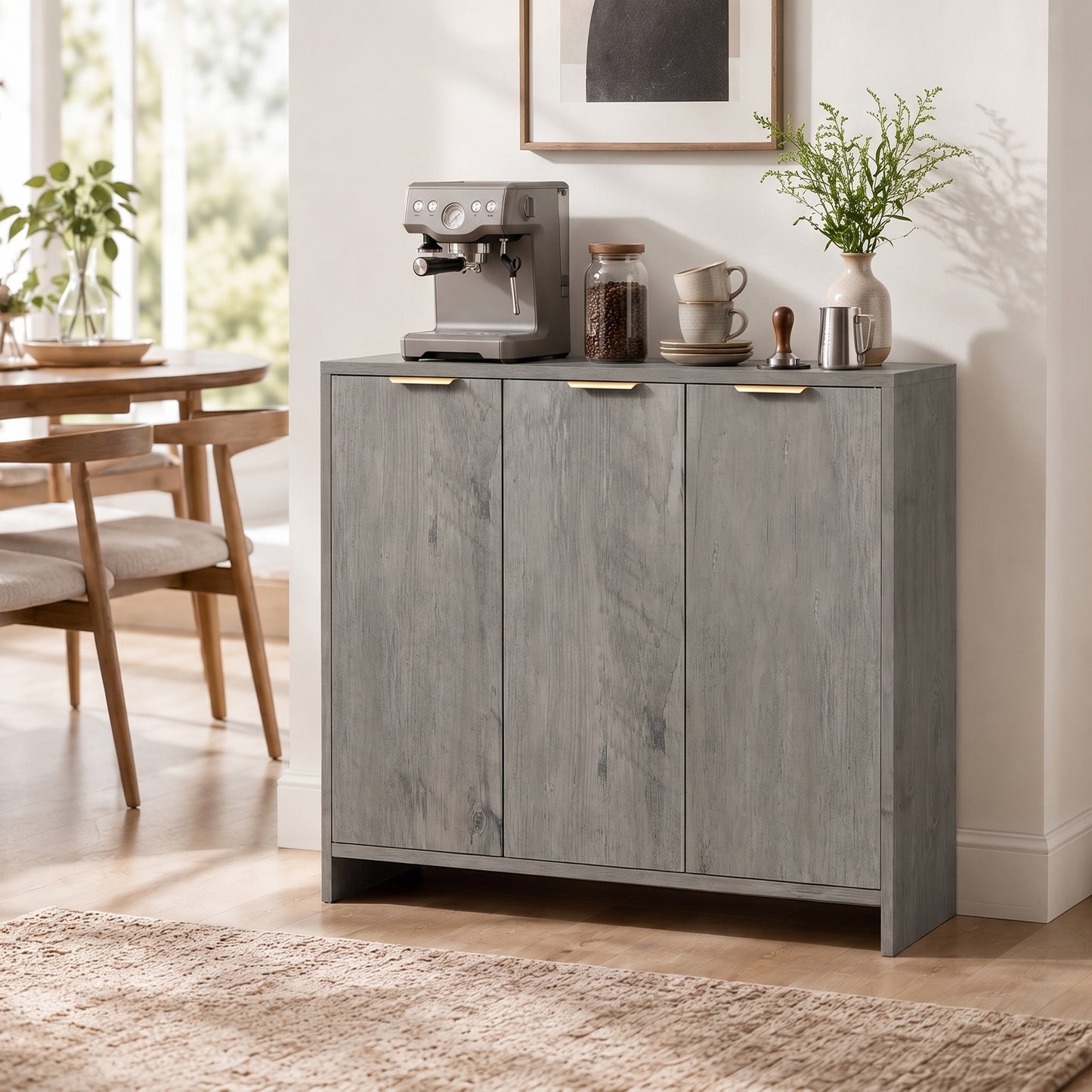 Sideboard Cabinet, Modern Storage Cabinet with 3 Doors and Adjustable Shelves for Living Room, Dining Room, Grey