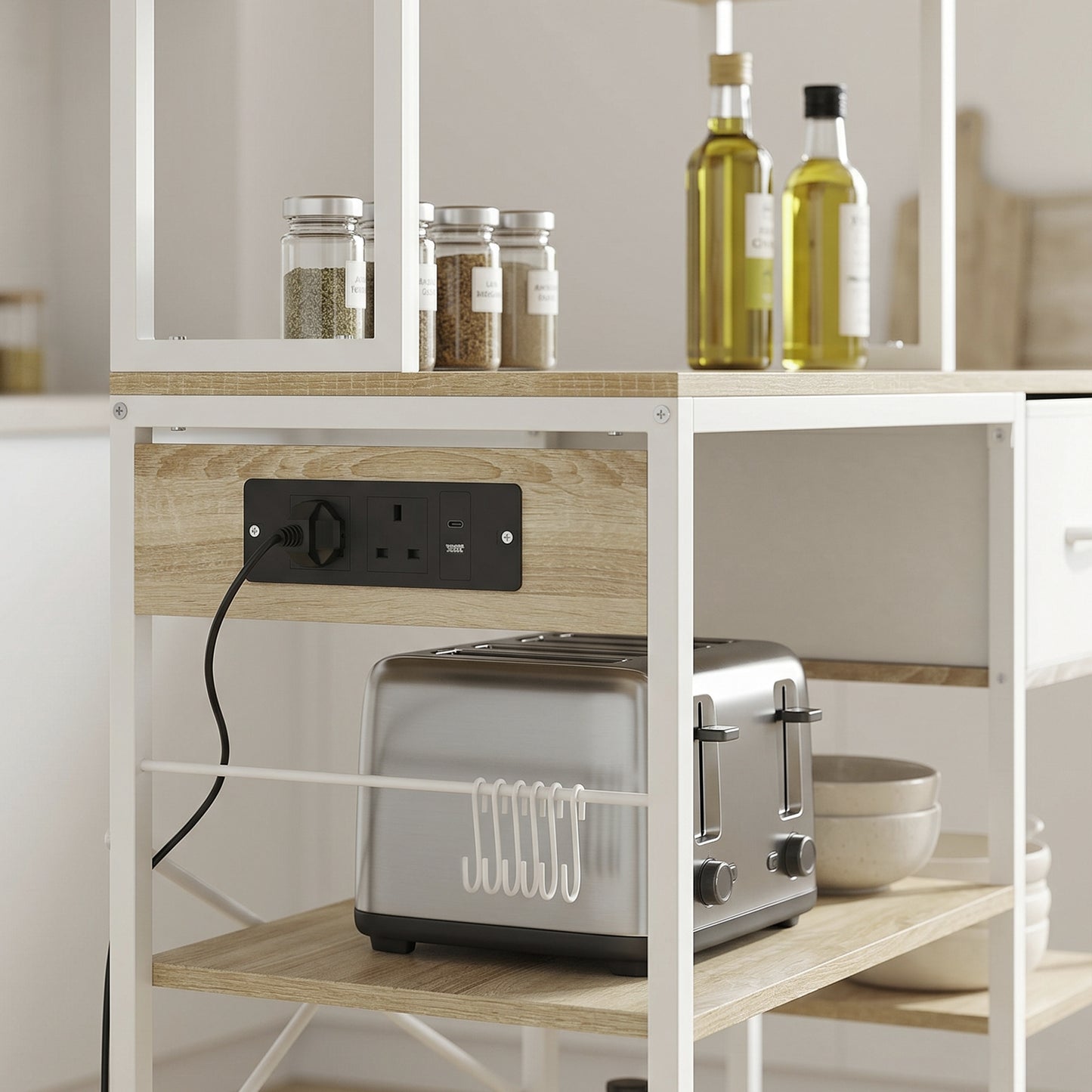 Kitchen Baker's Rack, Microwave Stand with Storage Shelves and 6 Hooks for Small Spaces