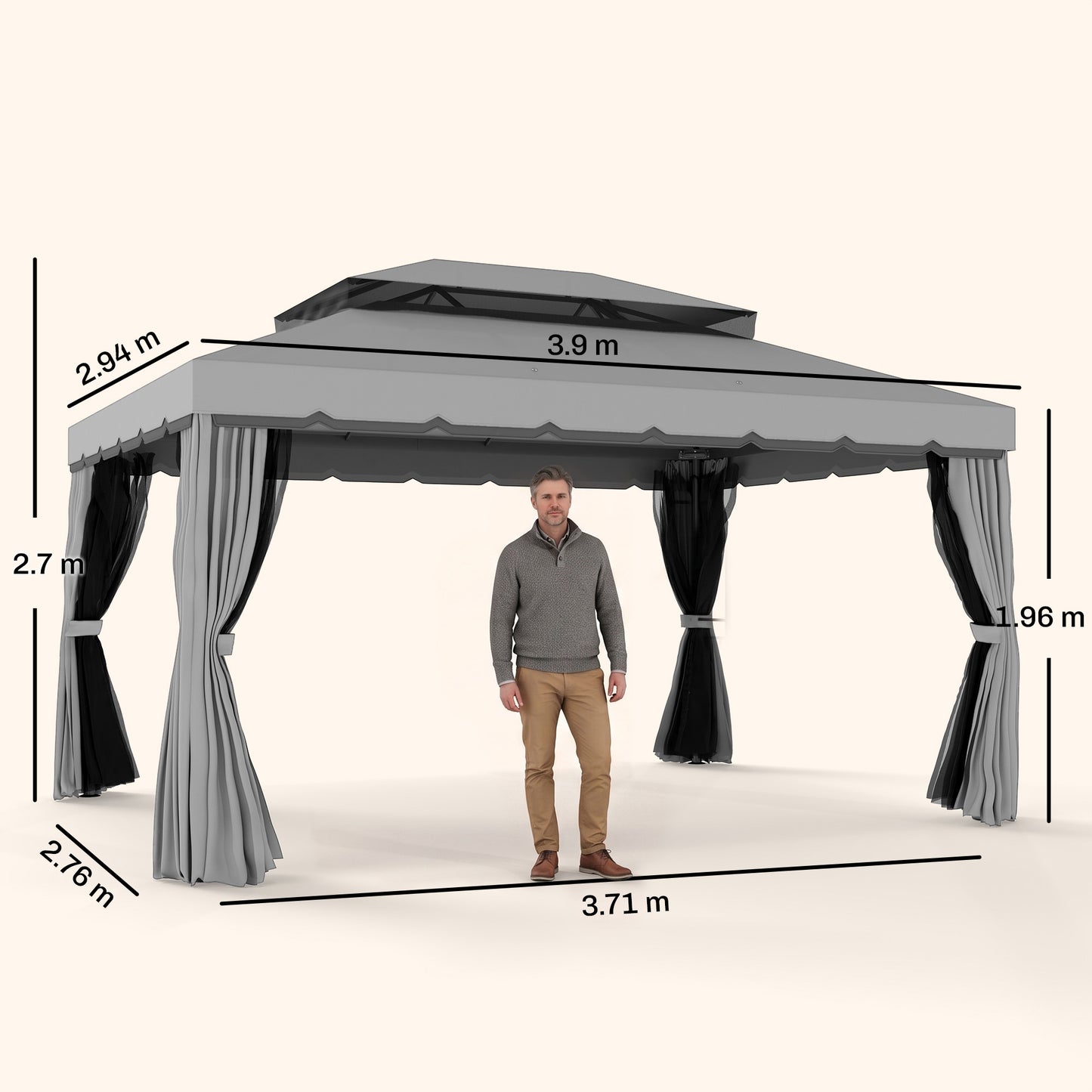 3 x 4m Aluminium Garden Gazebo, Marquee Canopy Shelter Pavilion Party Tent with Nets and Curtains for Garden and Deck