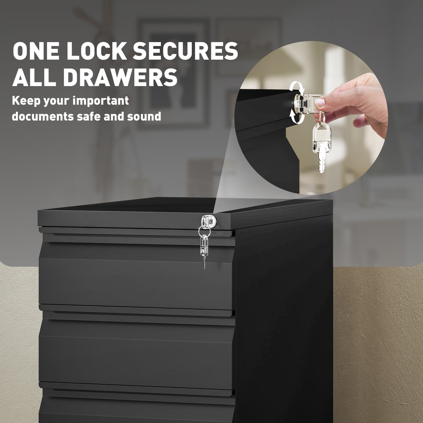 3-Drawer Steel Filing Cabinet with Lock and Wheels - Black