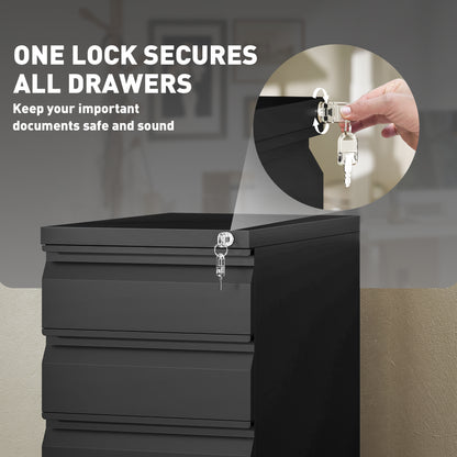 3-Drawer Steel Filing Cabinet with Lock and Wheels - Black