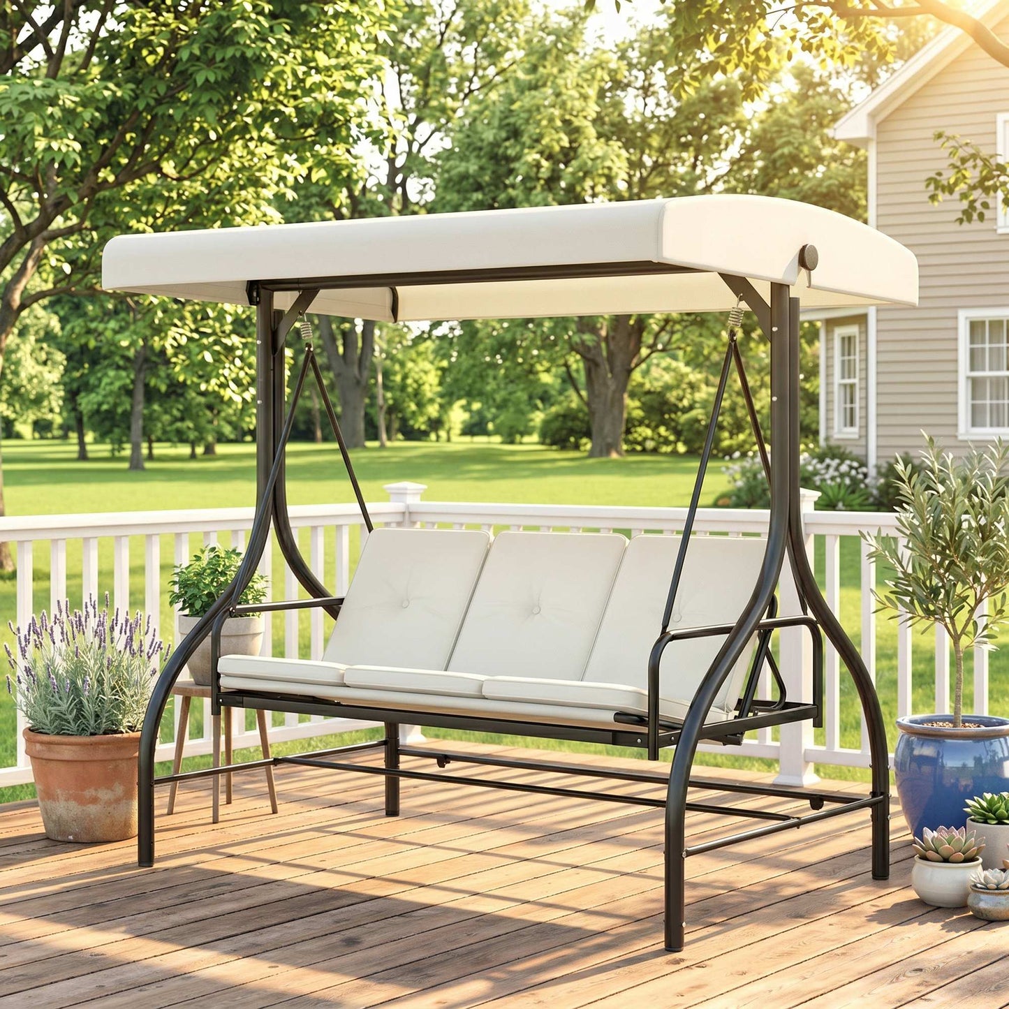 3 Seater Garden Swing Chair, 2 in 1 Convertible Patio Swing Seat Bed with Adjustable Canopy, Cushions and Metal Frame