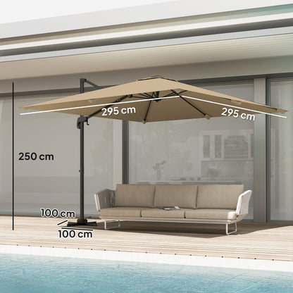 3 x 3 m Cantilever Parasol, Square Patio Umbrella with Crank Handle, Cross Base, Tilt, 360° Rotation, Khaki