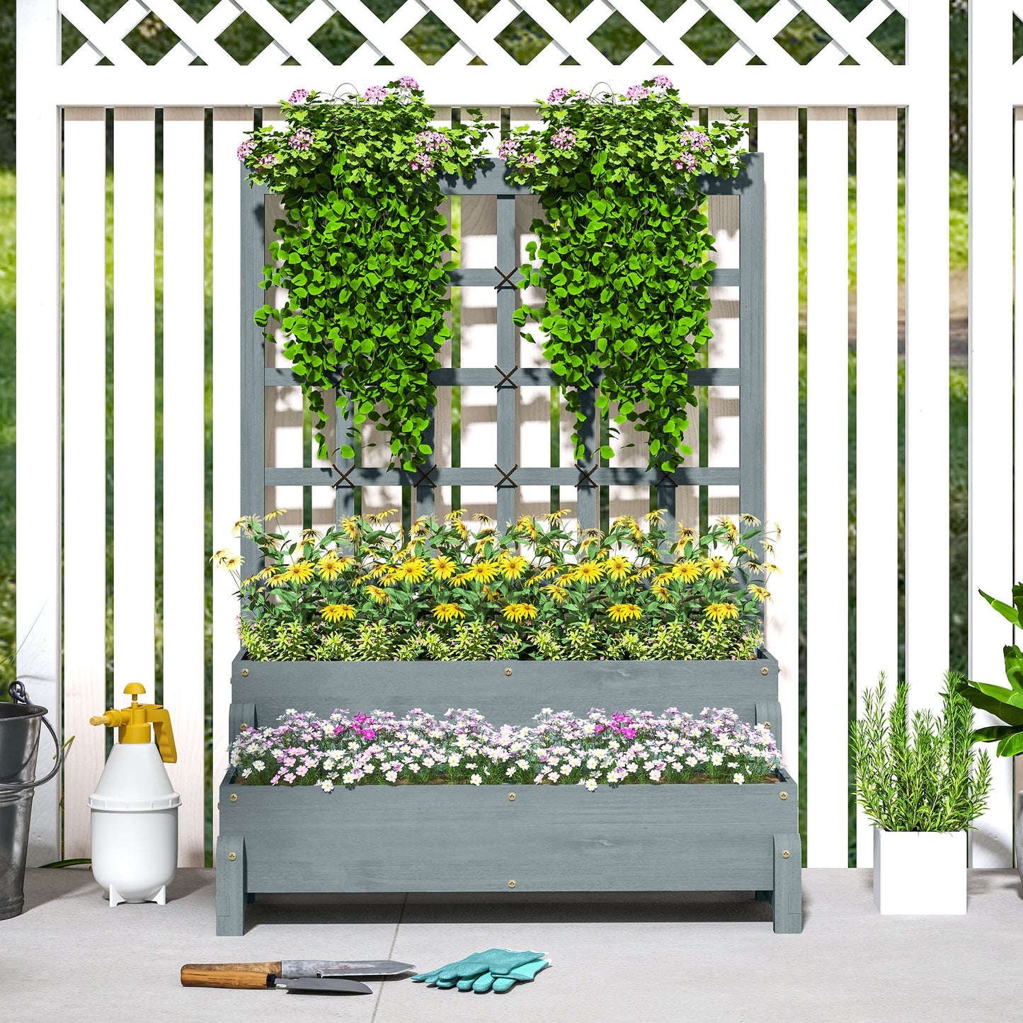 2-Tier Raised Garden Bed with Trellis, Wooden Elevated Planter Box with Drainage Holes