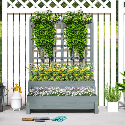 2-Tier Raised Garden Bed with Trellis, Wooden Elevated Planter Box with Drainage Holes