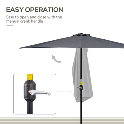3(m) Half Parasol Semi Round Umbrella Patio Metal Frame Crank Handle for Balcony-- NO BASE INCLUDED, Grey