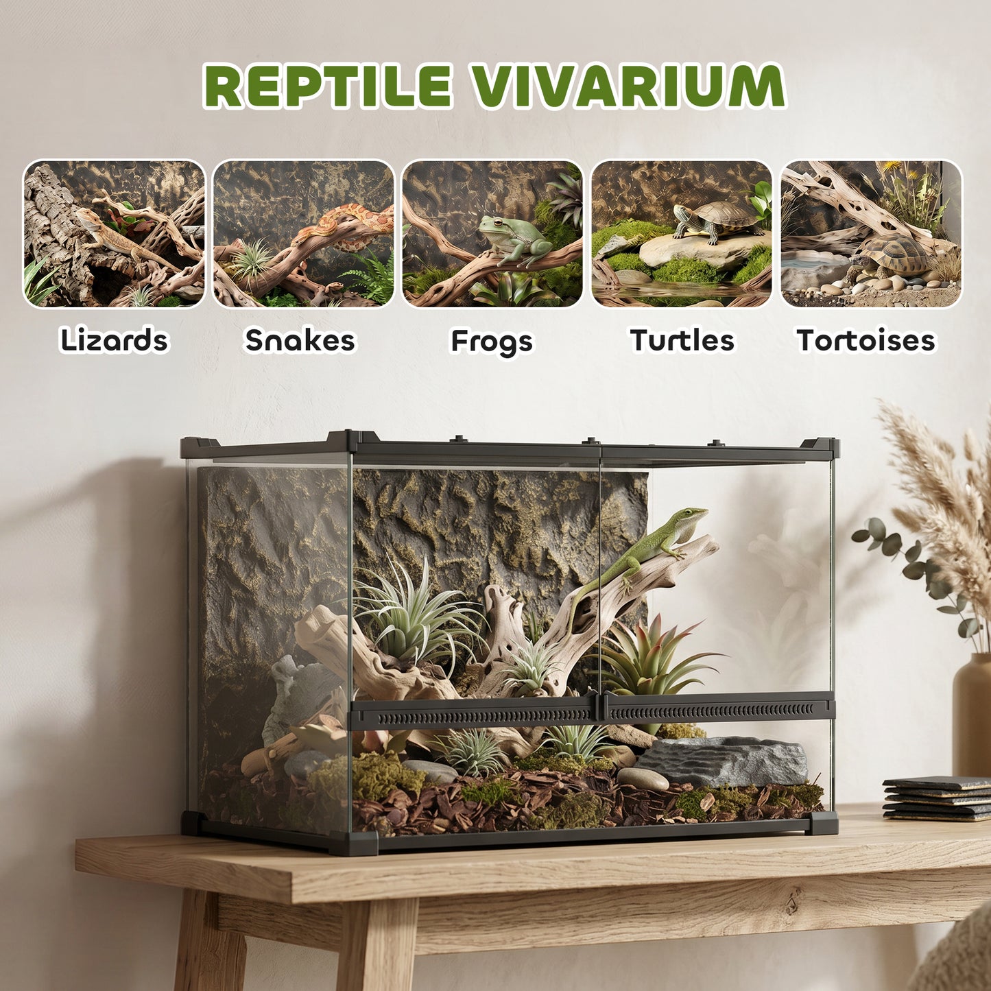 Reptile Glass Terrarium with Stone Background, Front Ventilation, Escape-Proof Knob Lock, 50 x 30 x 35 cm, Black