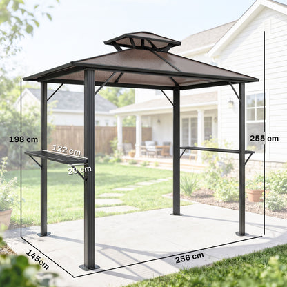2.5 x 1.5 m Hardtop Grill Gazebo with Double Roof, Aluminium Outdoor BBQ Gazebo Shelter with 2 Side Shelves, Brown