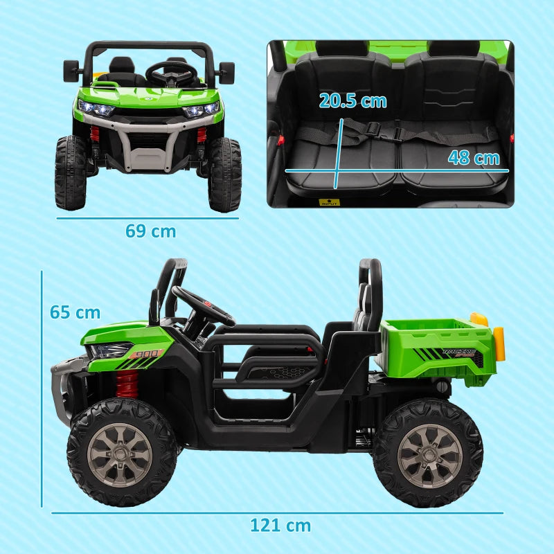 12V - 2 Seater Kids Electric Ride-On Car with Electric Bucket, Remote Control - Green