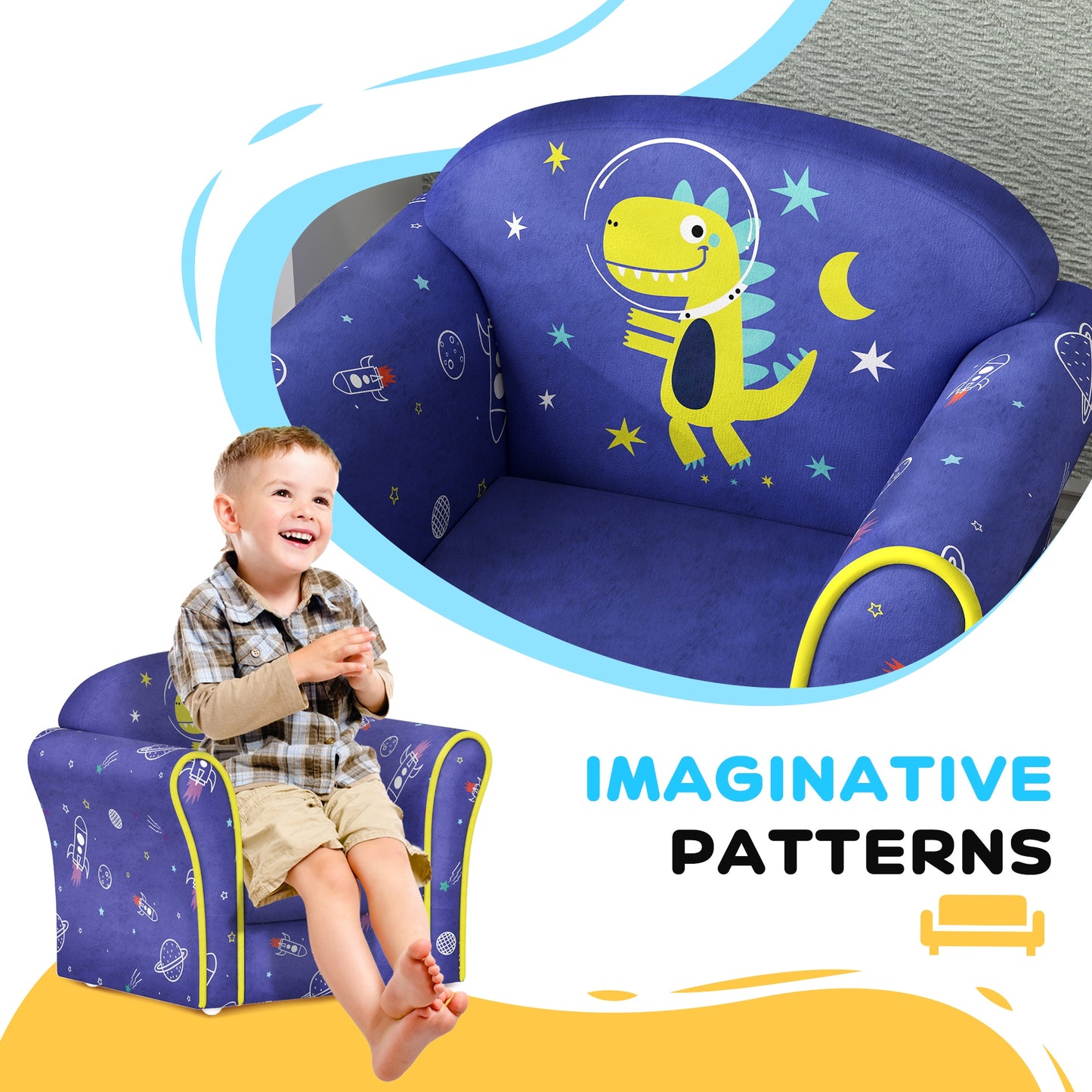 Kids Armchair with Planet Dinosaurs Design, Wooden Frame, for Bedroom, Playroom, Kids Room - Blue