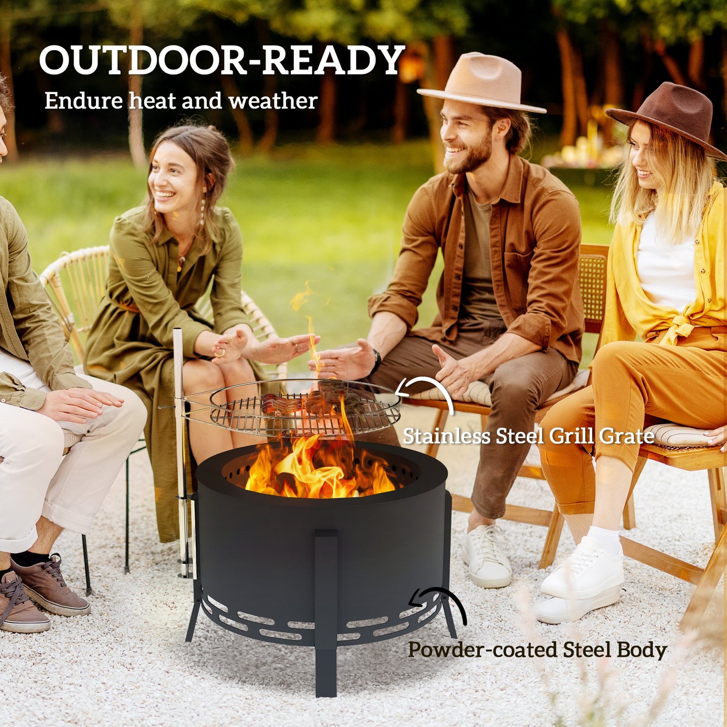 Portable Fire Pit, 58 cm Round Firepit with Grill Grate, Fire Bowl with Ash Catcher and Poker
