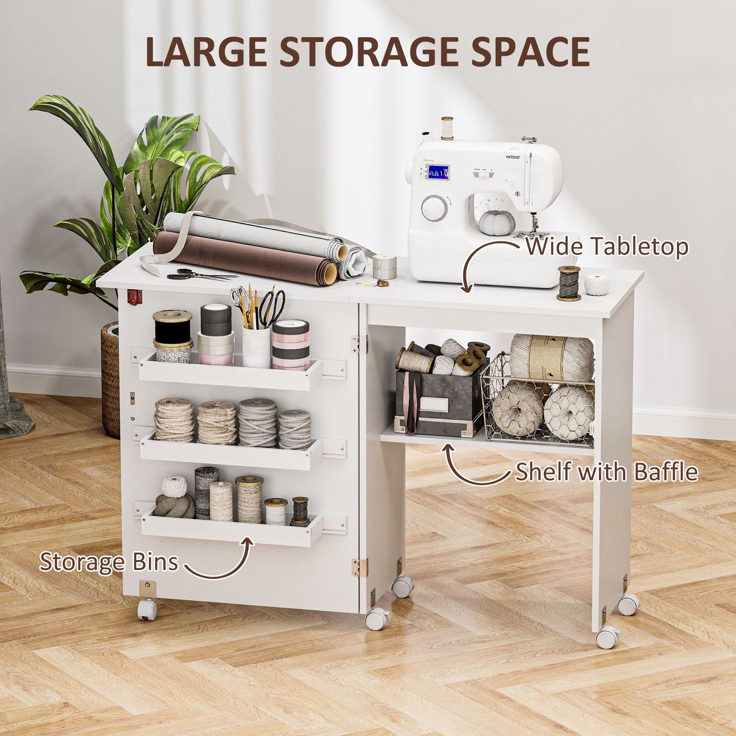 Folding Sewing Table, Drop Leaf Craft Table with Storage Bins, Open Shelf and Wheels