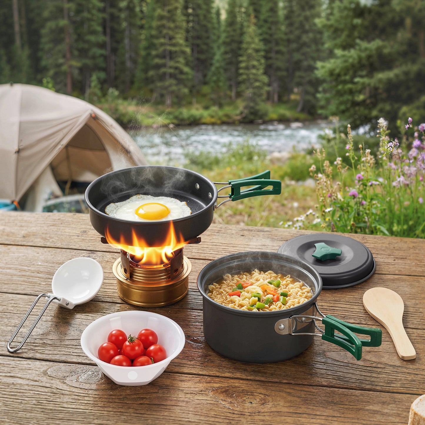 Camping Cookware Set, 8-Piece Ultralight Camping Cooking Kit with Anti-Scald Handles, Grey
