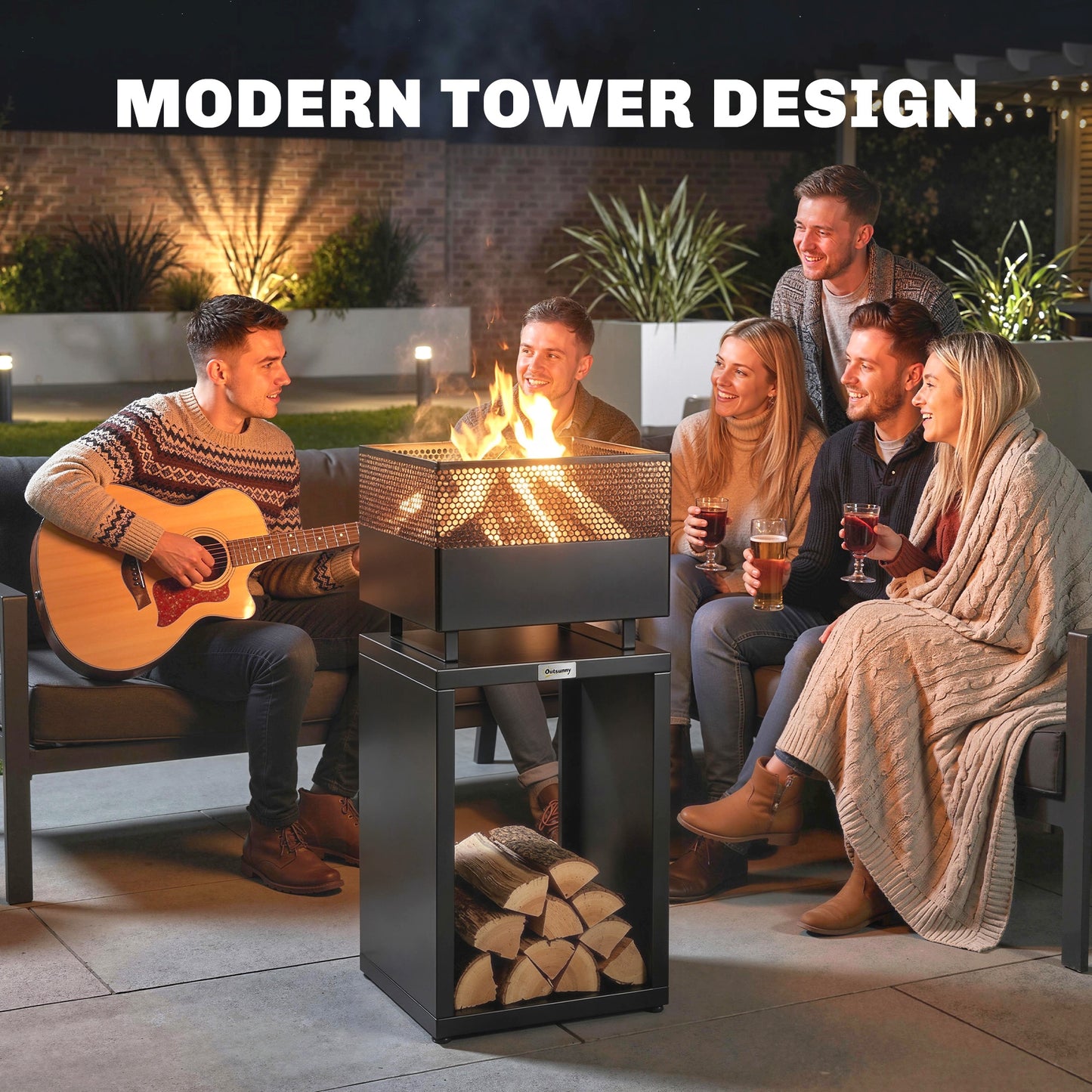 Outdoor Fire Pit with Wood Storage Wood Burning Firepit with Mesh Sides 87 cm Black