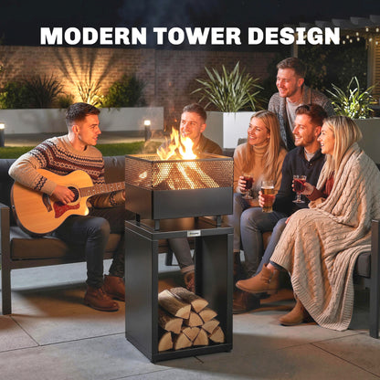 Outdoor Fire Pit with Wood Storage Wood Burning Firepit with Mesh Sides 87 cm Black