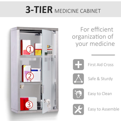 Stainless Steel wall mounted Medicine Cabinet with 2 Shelves + Security Glass Door Lockable 48 cm(H)