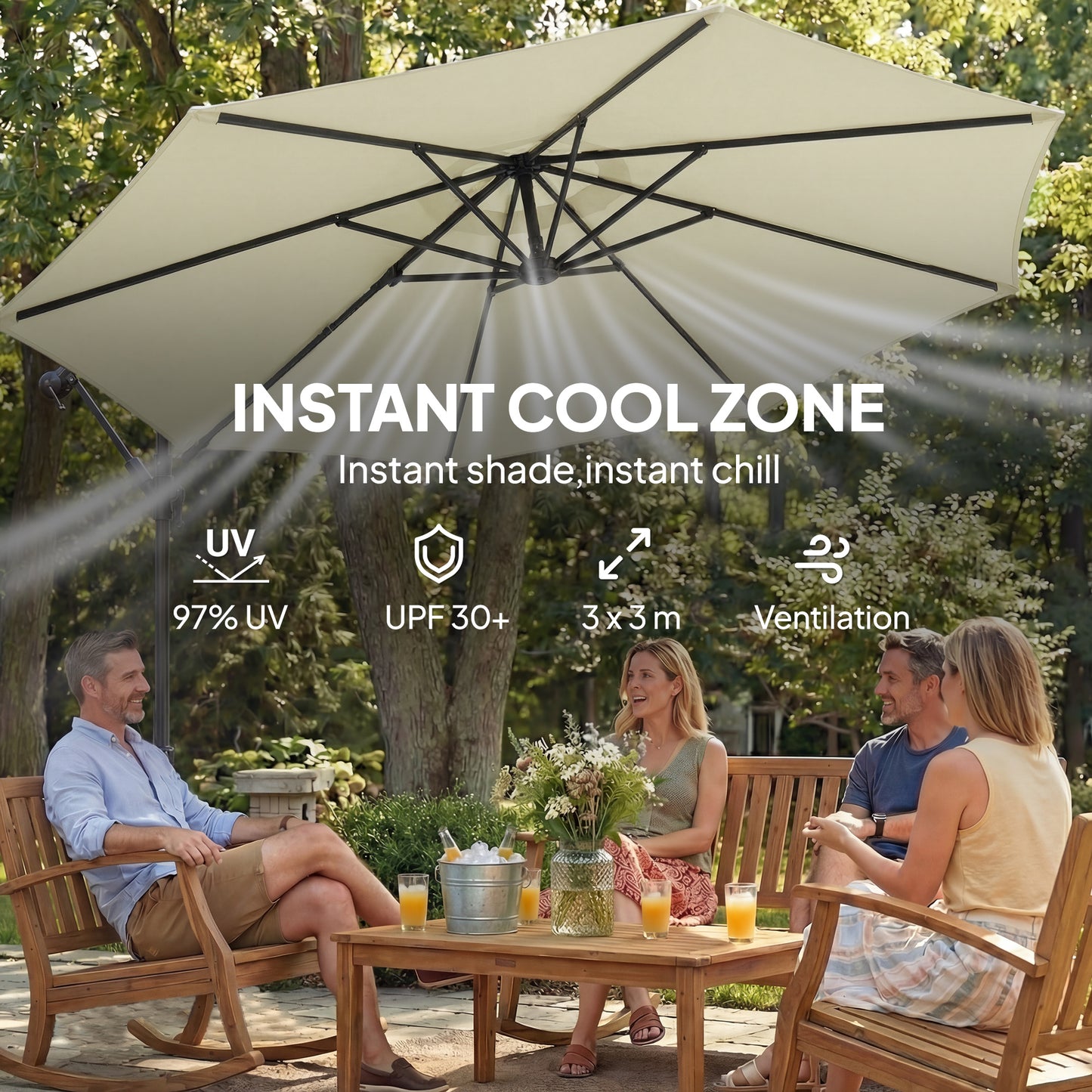 3 m Garden Cantilever Parasol with Cross Base, Sandbag, 360° Rotating Overhanging Banana Umbrella, Beige