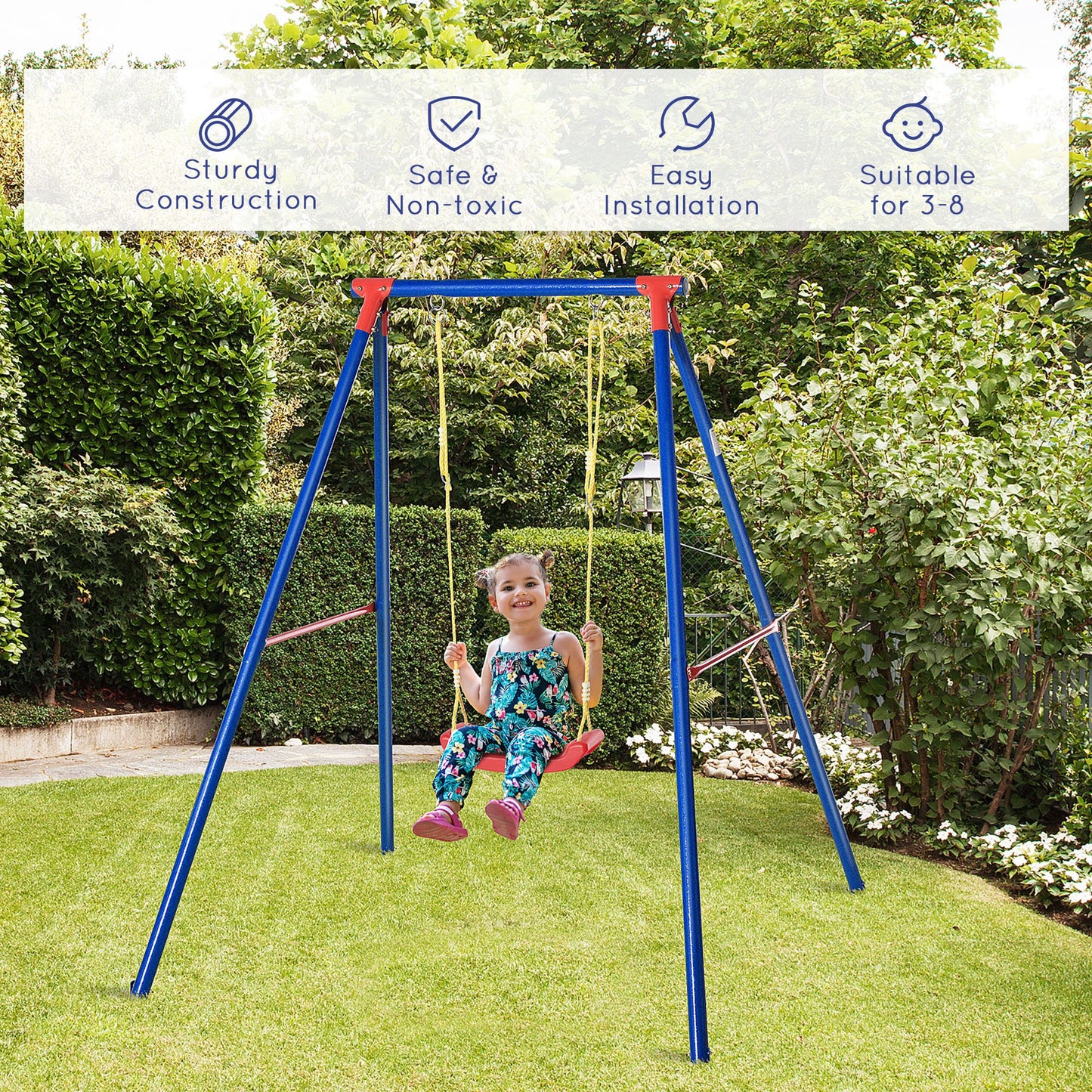 Kids Swing Set Toddler Swing Adjustable Rope Heavy Duty A-Frame Stand Outdoor Playset for 3-8 Years Old Blue