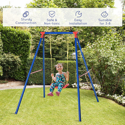 Kids Swing Set Toddler Swing Adjustable Rope Heavy Duty A-Frame Stand Outdoor Playset for 3-8 Years Old Blue