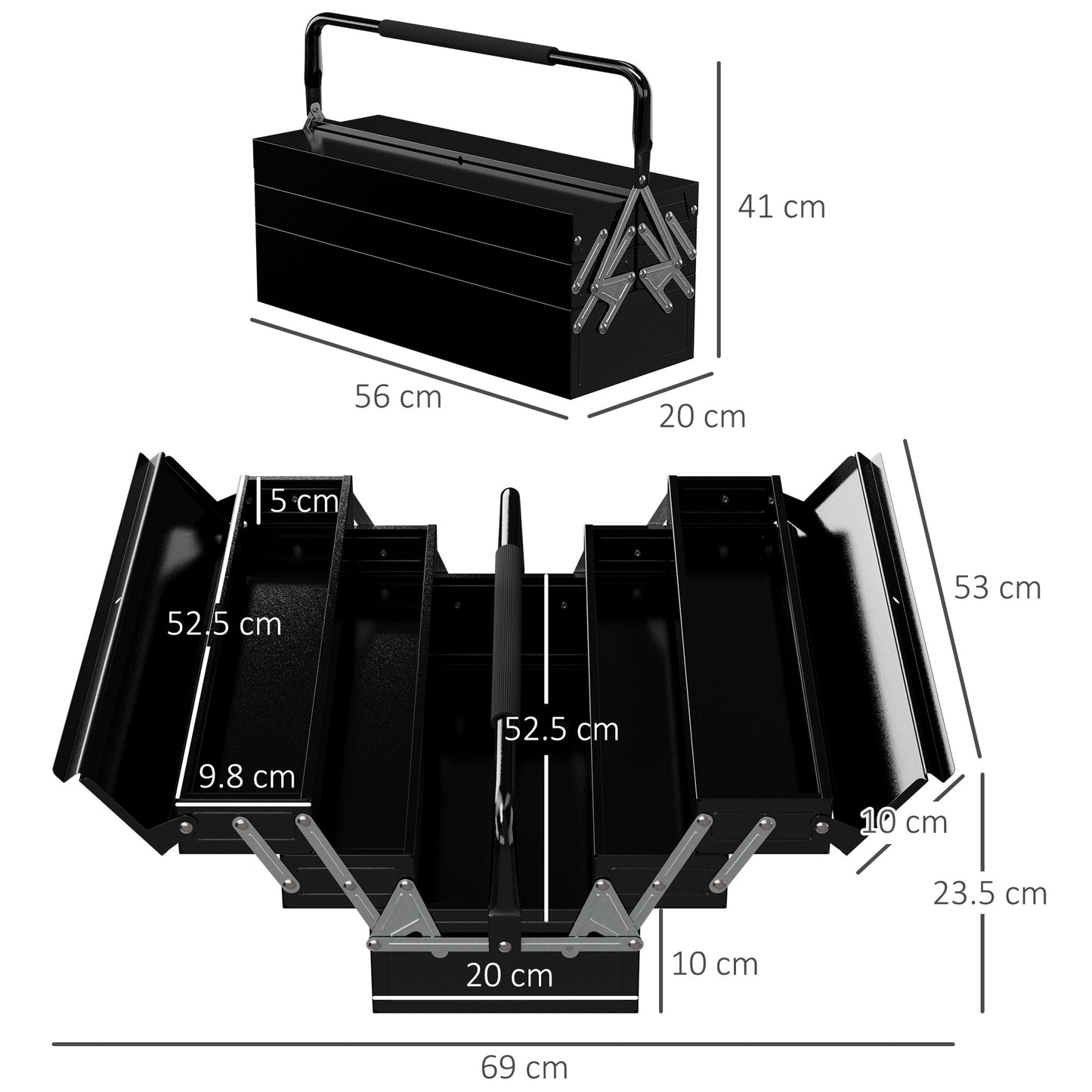 3 Tier Metal Toolbox, 5 Tray Professional Portable Tool Box with Carry Handle for Workshop, 56cmx20cmx34cm, Black