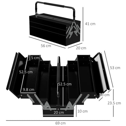 3 Tier Metal Toolbox, 5 Tray Professional Portable Tool Box with Carry Handle for Workshop, 56cmx20cmx34cm, Black