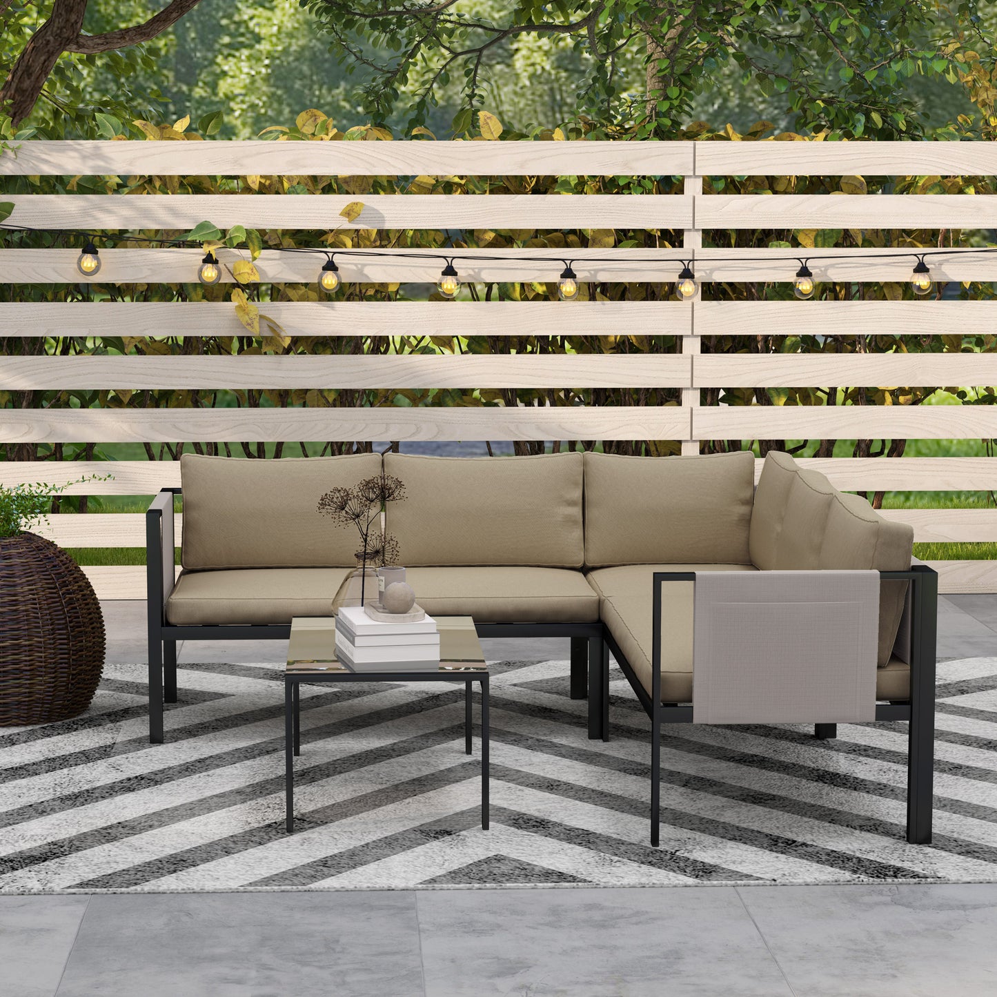 5 Seater Garden Corner Sofa Set, 4 Pieces Metal Garden Furniture Set with Loveseats, Glass Top Coffee Table