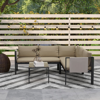 5 Seater Garden Corner Sofa Set, 4 Pieces Metal Garden Furniture Set with Loveseats, Glass Top Coffee Table