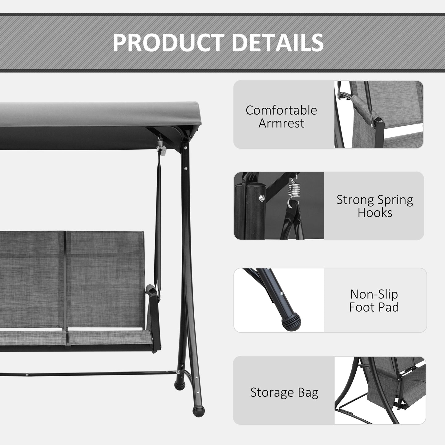 3 Person Outdoor Patio Porch Swing Chair with High Back Design and Side Pouches, Charcoal Grey