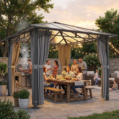 3 x 3 m Outdoor Hardtop Gazebo Canopy with PC Roof, Aluminium Permanent Pavilion Garden Gazebo with Curtains, Tan