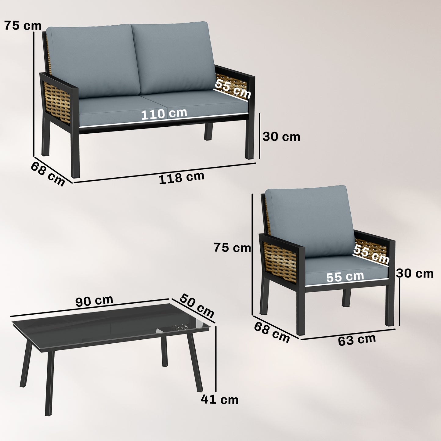 4 Seater Rattan Garden Furniture Set with 2 Armchairs, Loveseat, Coffee Table, Garden Sofa Set with Cushions, Grey