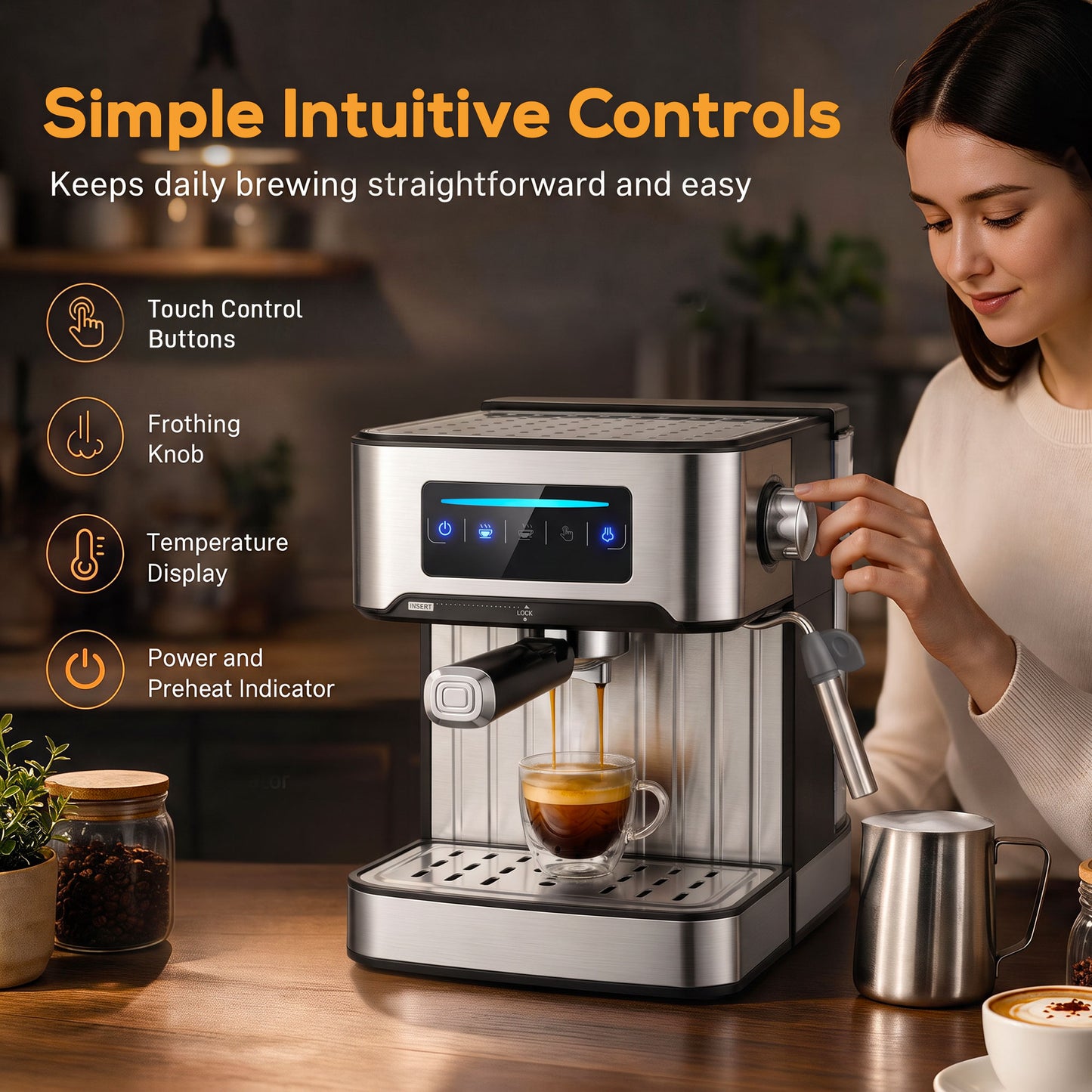 Espresso Machine, 20-Bar Cappuccino Coffee Maker with Frother Wand, 1.6L Tank, Single/Double/Manual Shot, LED Touch
