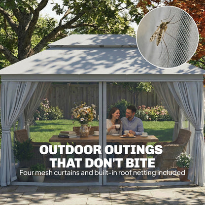 3 x 4 m Outdoor Garden Gazebo with Netting and Curtains, UPF50+ Patio Gazebo Permanent Pavilion Canopy, Dark Grey