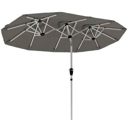 3 m Double-Sided Garden Parasol with LED Solar Lights, Tilt, Outdoor Extra Large Sun Umbrella with Crank Handle, Grey