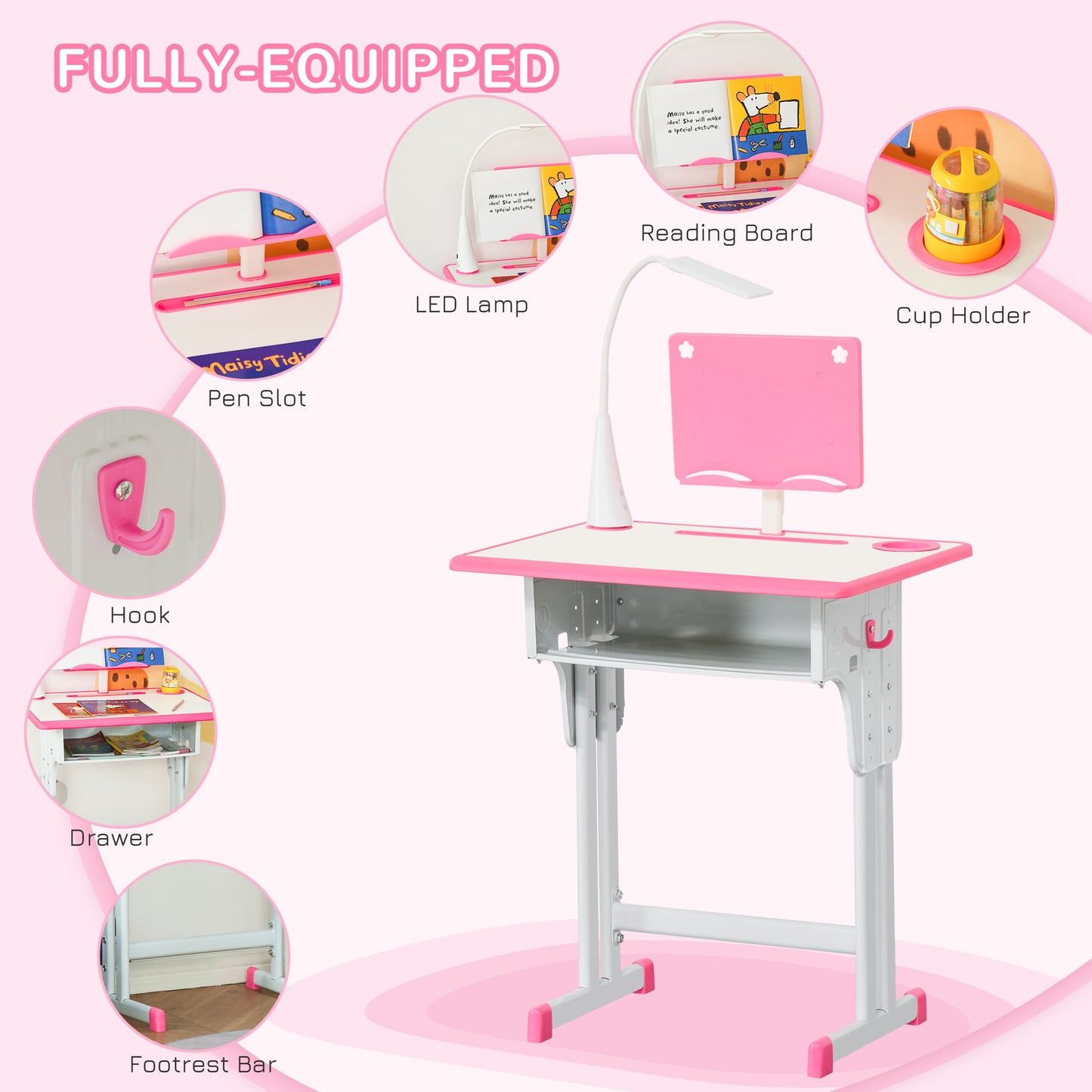 Kids Desk and Chair Set Adjustable Height Study Table Set with Drawer, Book Stand, Pen Slot - Pink