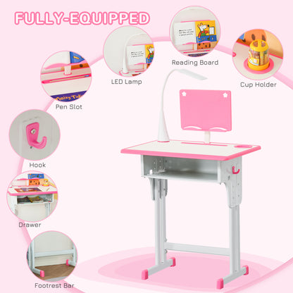 Kids Desk and Chair Set Adjustable Height Study Table Set with Drawer, Book Stand, Pen Slot - Pink