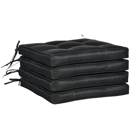Set of 4 Garden Seat Cushion with Ties, 42 x 42cm Replacement Dining Chair Seat Pad, Black
