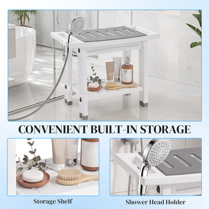 Shower Bench 2-Tier Shower Stool Bathroom with Shelf White and Grey