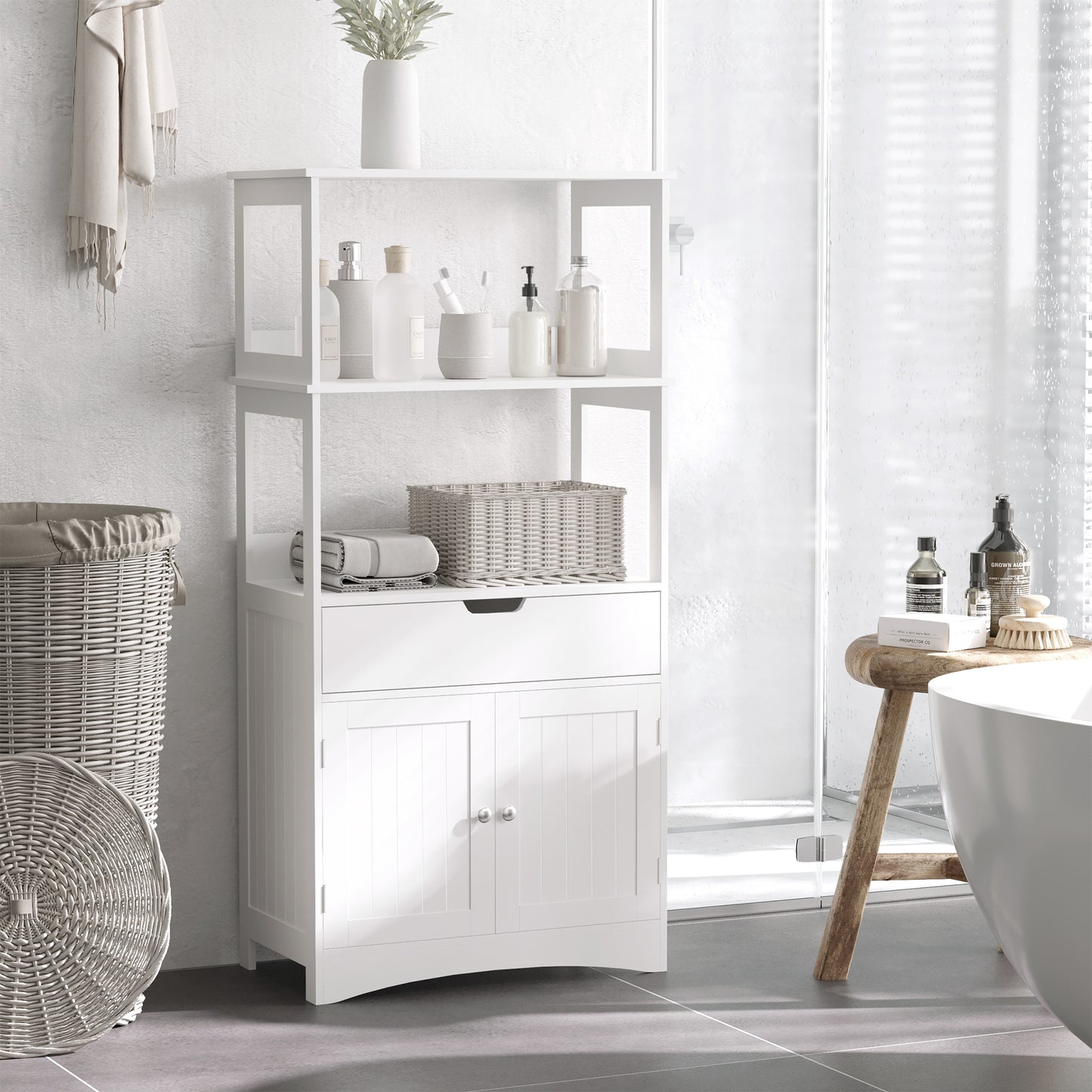 Bathroom Floor Cabinet, Free Standing Kitchen Cupboard with Shelves, Drawer and Doors, Storage Organizer for Living Room