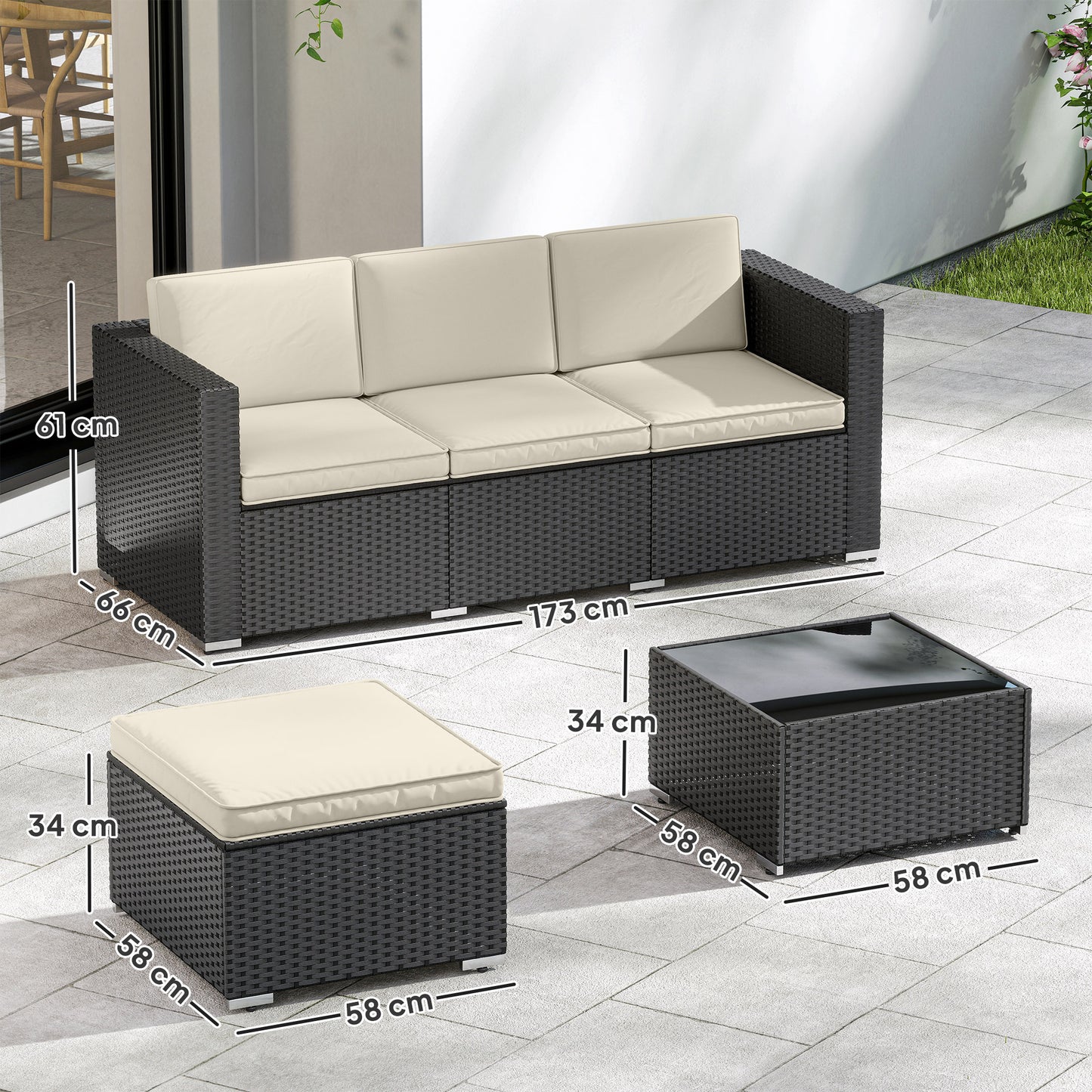 3 Pieces Garden Furniture Set w/ Cushions, PE Rattan Wicker Conversation Corner Sofa Set