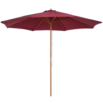3(m) Garden Parasol, Pulley Operated Patio Umbrella, Wooden Table Market Umbrella with Rope Pulley Mechanism and 8 Ribs