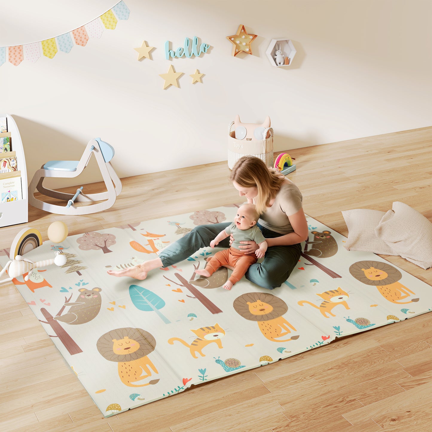 Baby Play Mat, Double Sideded Foldable Kids Crawling Mat, Reversible & Waterproof, Animal