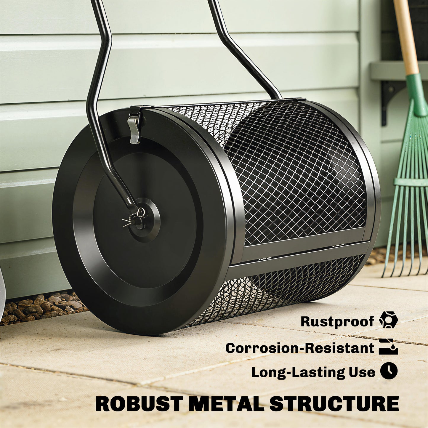 Compost Spreader, 20" Peat Moss Spreader with Detachable U-Shaped Handle and Metal Mesh Basket