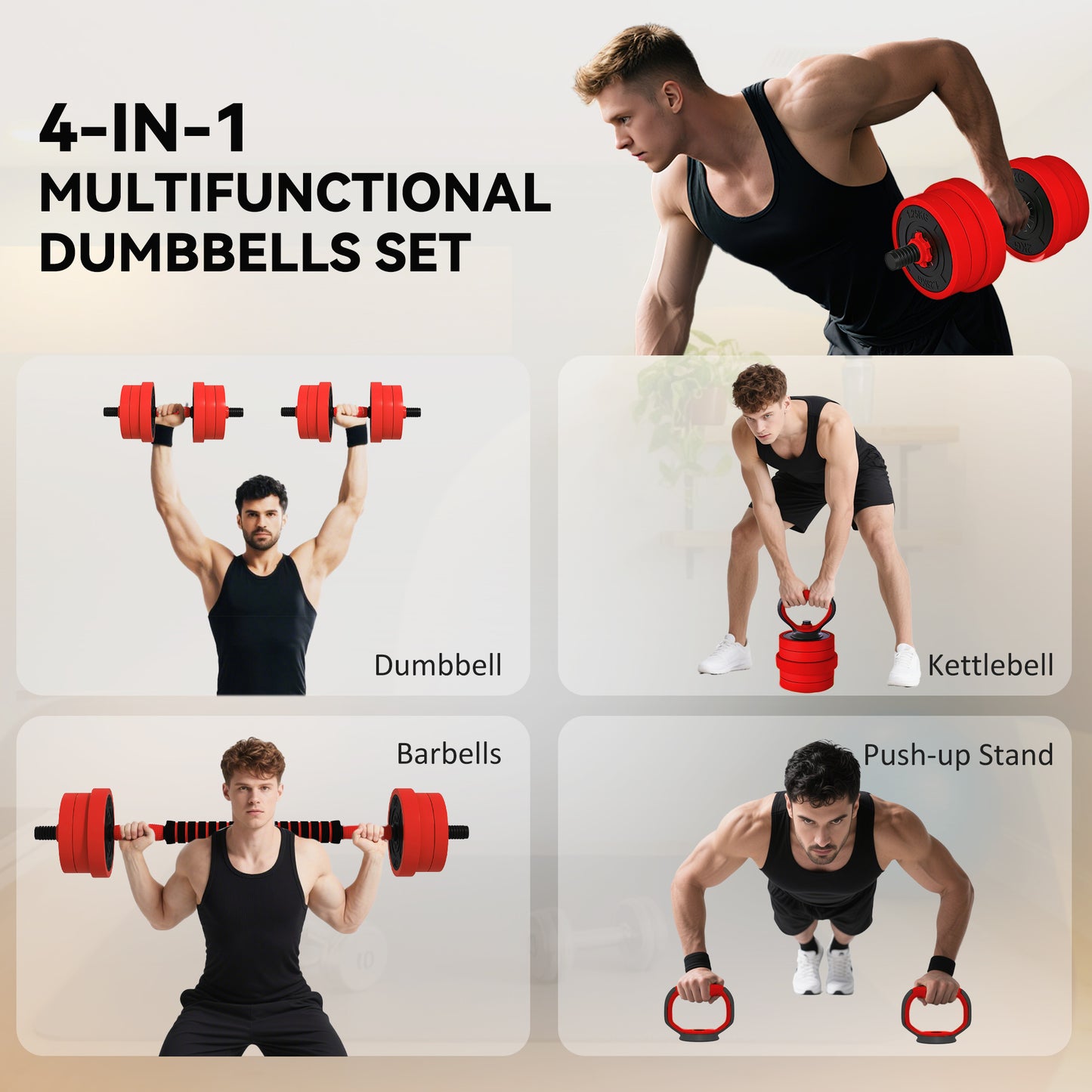 20kg 6-In-One Adjustable Weight Dumbbells Set, Barbell, Kettlebell, Push Up Stand - Red