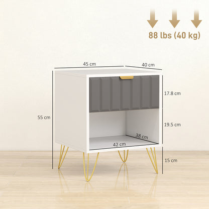 Bedside Table Modern Bedside Cabinet with Drawer and Open Compartment, 45 x 40 x 55, White