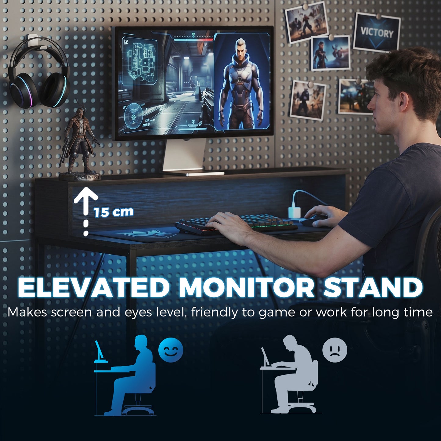 Gaming Desk, 100cm Computer Desk with LED Lights, Power Outlets, Monitor Stand and Remote, Black Wood-Effect