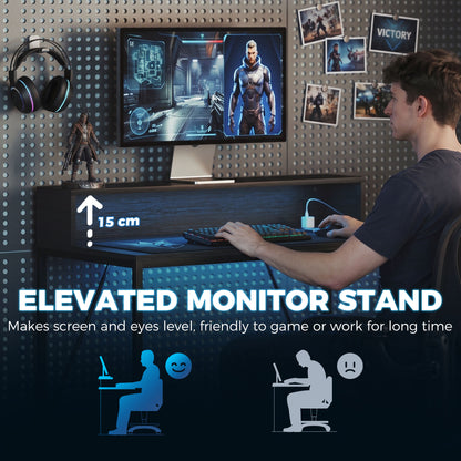 Gaming Desk, 100cm Computer Desk with LED Lights, Power Outlets, Monitor Stand and Remote, Black Wood-Effect